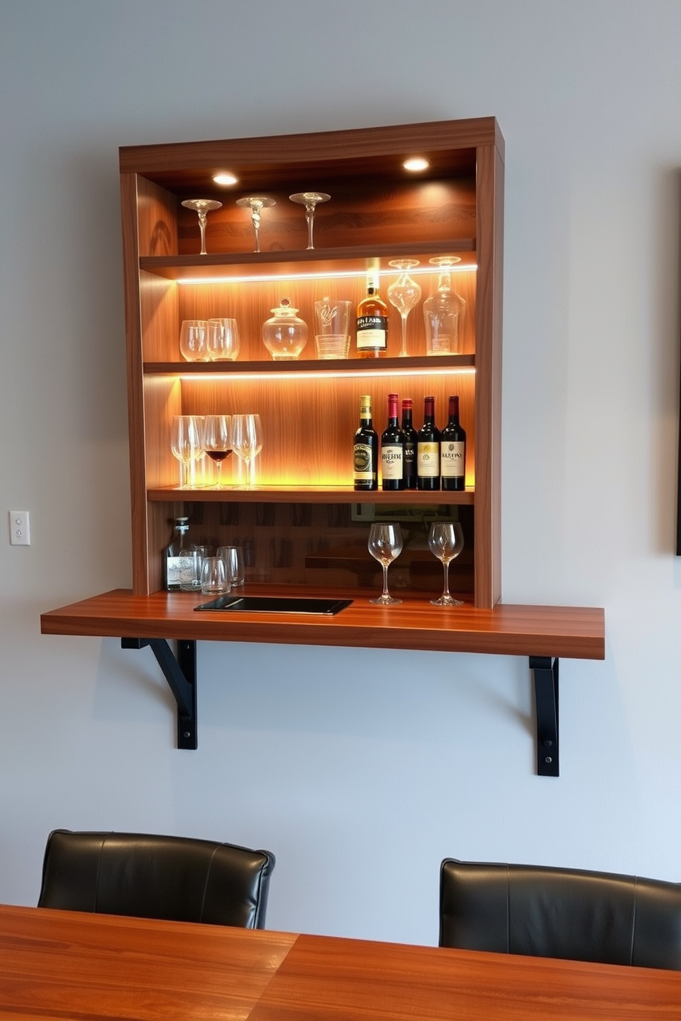 A sleek wall-mounted bar designed for small spaces features a rich walnut finish with integrated shelving for glassware and bottles. Below, a compact countertop provides a perfect spot for mixing drinks, while LED lighting highlights the bar's elegant design. The man cave bar incorporates industrial elements with exposed metal brackets and a rustic wood surface. Comfortable bar stools in dark leather complete the look, creating an inviting atmosphere for relaxation and entertainment.