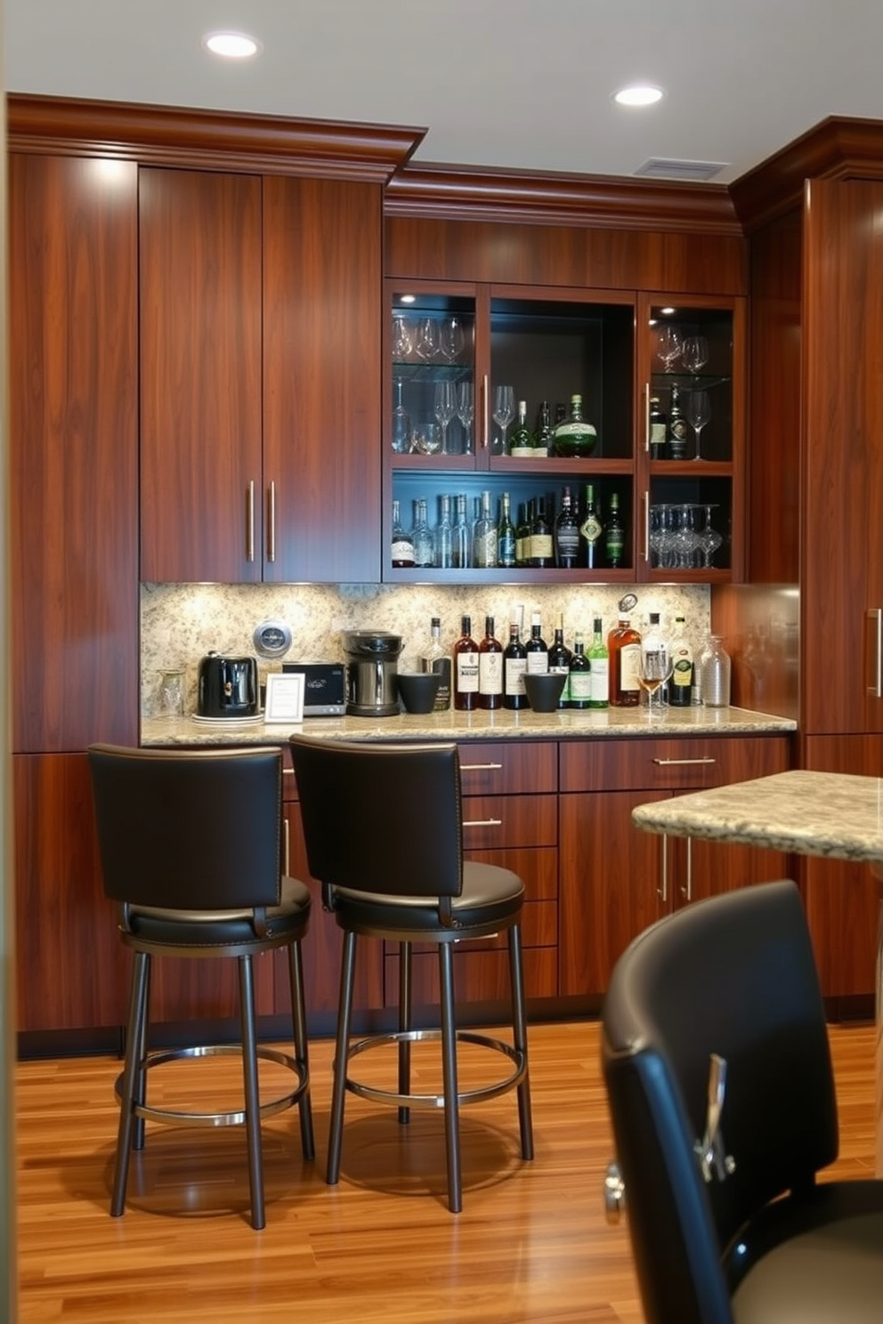 Custom cabinetry for storage solutions. The design features sleek wooden cabinets with a rich finish, providing ample storage space while maintaining a modern aesthetic. Man Cave Bar Design Ideas. The bar area includes a polished granite countertop with stylish bar stools, complemented by custom cabinetry that houses a variety of spirits and glassware.