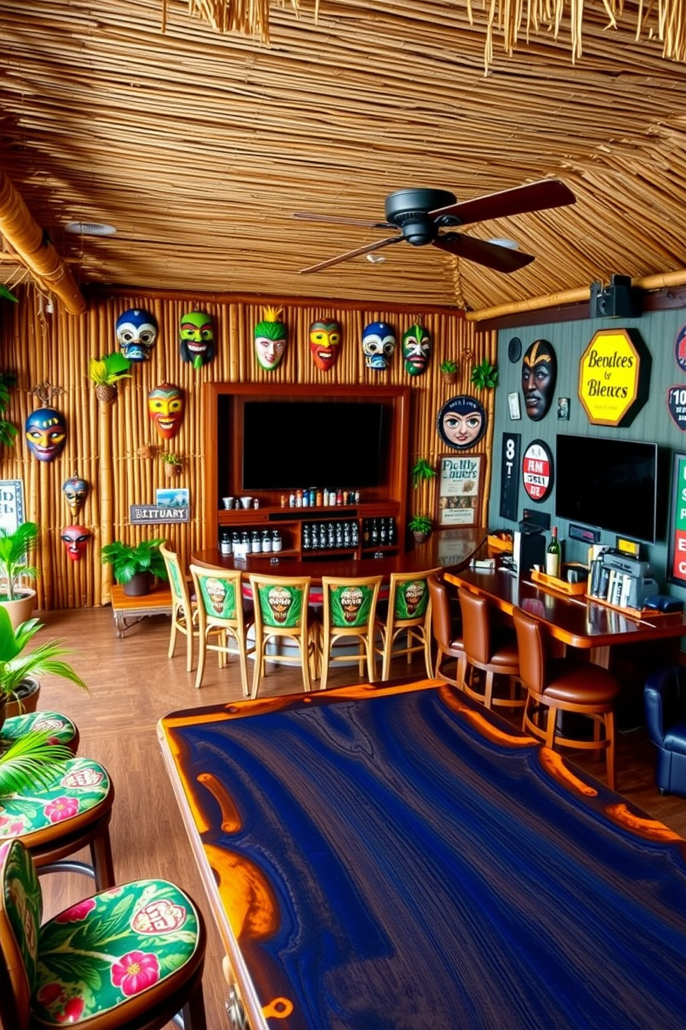 A tropical tiki bar setting filled with vibrant colors. The bar features bamboo accents, colorful tiki masks on the walls, and a thatched roof overhead. The bar top is made of polished wood with a bright blue finish. Surrounding the bar are high stools with tropical print cushions and potted palm plants for a lively atmosphere. A man cave bar design that exudes comfort and style. The space includes a large wooden bar with a dark stain, leather bar stools, and a wall-mounted flat-screen TV for entertainment. The walls are adorned with sports memorabilia and vintage beer signs. Ambient lighting creates a cozy atmosphere, while a pool table occupies the center of the room for added fun.