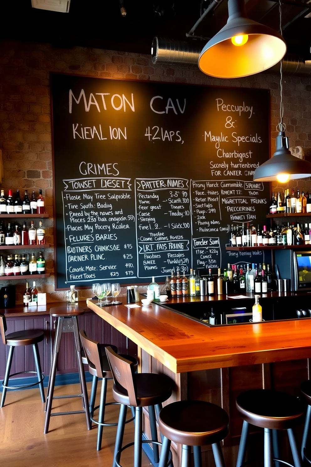 A stylish man cave bar featuring a large chalkboard wall dedicated to drink specials. The space includes a rustic wooden bar with high stools, ambient lighting, and various liquor shelves displaying an array of bottles.