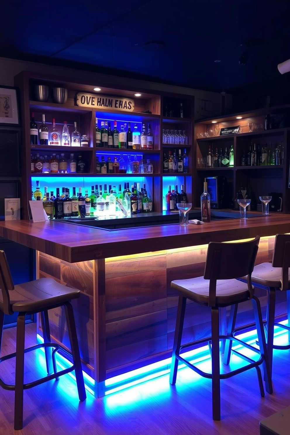 A stylish man cave bar featuring LED lighting under the bar edge creates a vibrant atmosphere. The bar is made of reclaimed wood with high stools that complement the rustic design, surrounded by shelves stocked with various spirits and glassware.