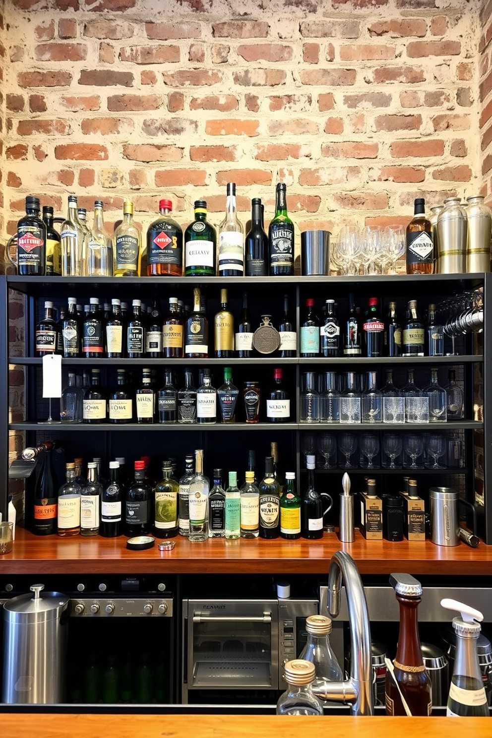 A stylish man cave bar featuring industrial metal shelving for an impressive drinks display. The shelves are filled with an array of bottles, glassware, and unique bar accessories, all set against a backdrop of exposed brick walls.