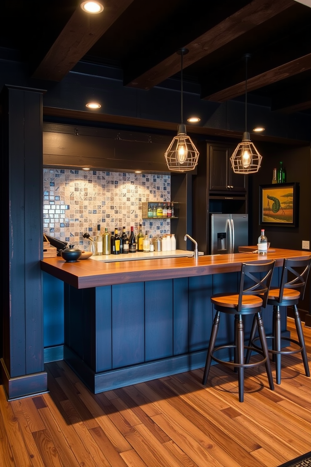 A stylish man cave featuring an artisan tile backsplash that adds visual interest. The bar area includes a rustic wooden counter, high stools, and ambient lighting to create a cozy atmosphere.