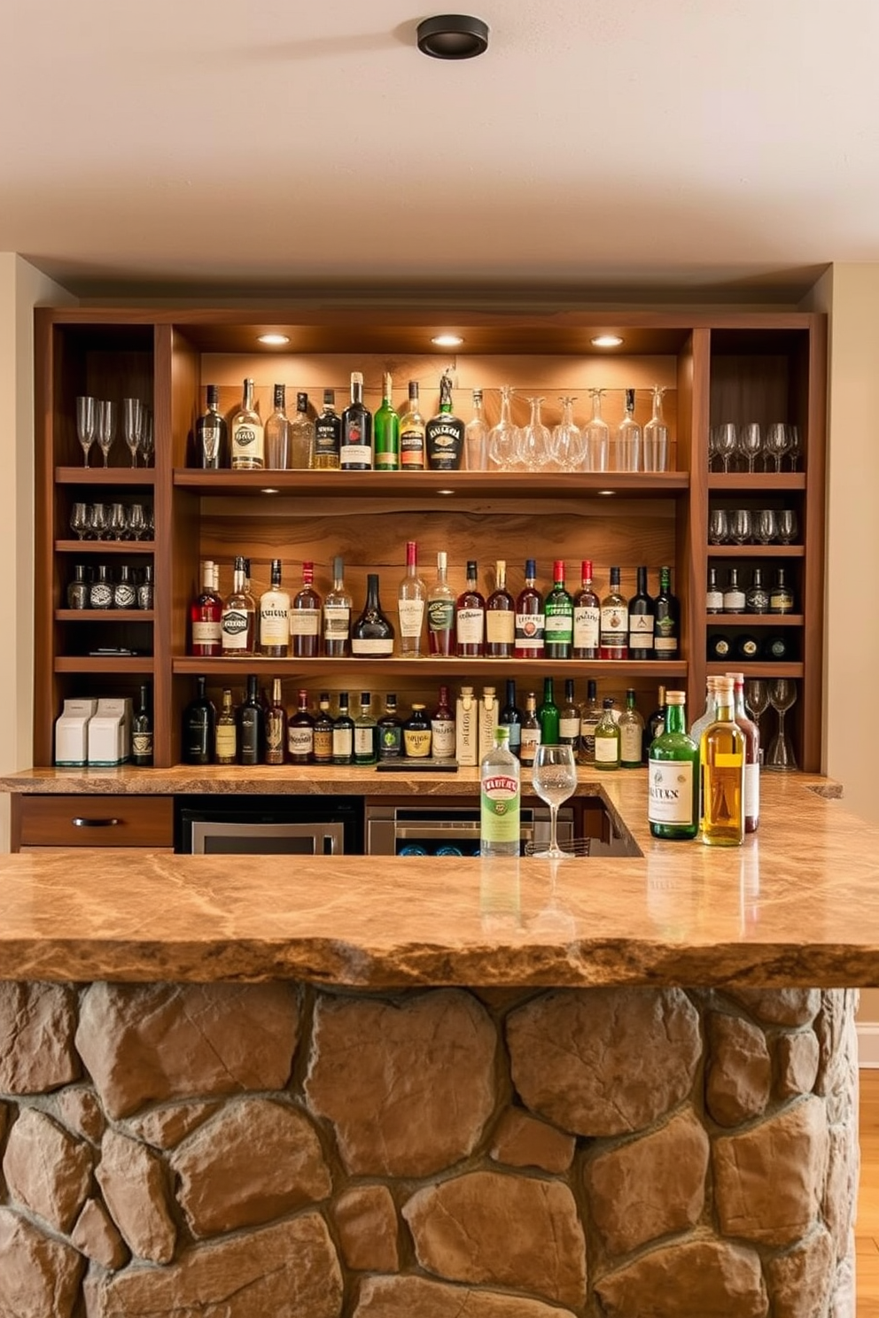 A rustic stone countertop creates a natural feel in the man cave bar. The space features wooden shelving filled with various spirits and glassware, complemented by warm lighting that enhances the inviting atmosphere.