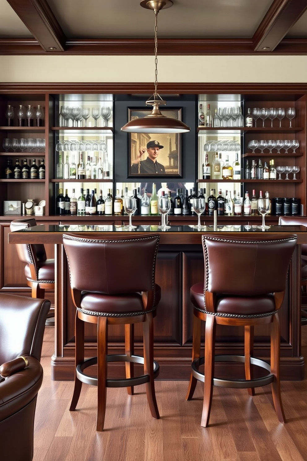 Classic leather bar stools provide a touch of elegance and comfort to any man cave bar. The rich texture of the leather complements the warm wooden accents of the bar, creating an inviting atmosphere for gatherings. Incorporate a sleek wooden bar top with stylish pendant lighting overhead to enhance the ambiance. Surround the bar with shelves displaying an impressive collection of spirits and glassware for a sophisticated touch.