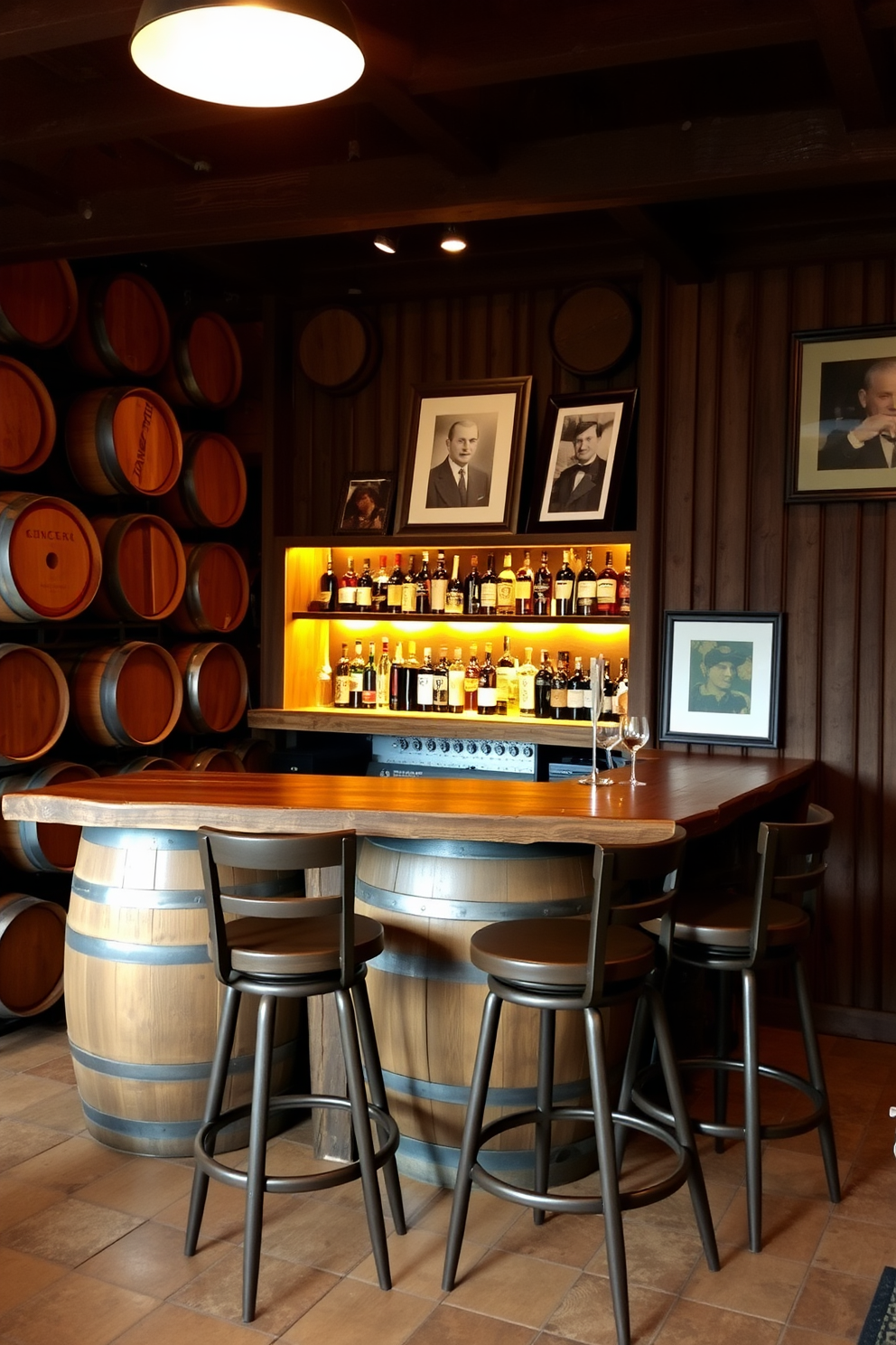 A cozy cask-style bar featuring rustic wooden barrels stacked against the wall, creating an inviting atmosphere. The bar top is made of reclaimed wood, with high stools lined up for guests to enjoy their drinks. Warm ambient lighting casts a soft glow over the space, highlighting the rich textures of the wooden barrels. A selection of vintage liquor bottles is displayed on shelves behind the bar, complemented by framed artwork that adds character to the man cave.