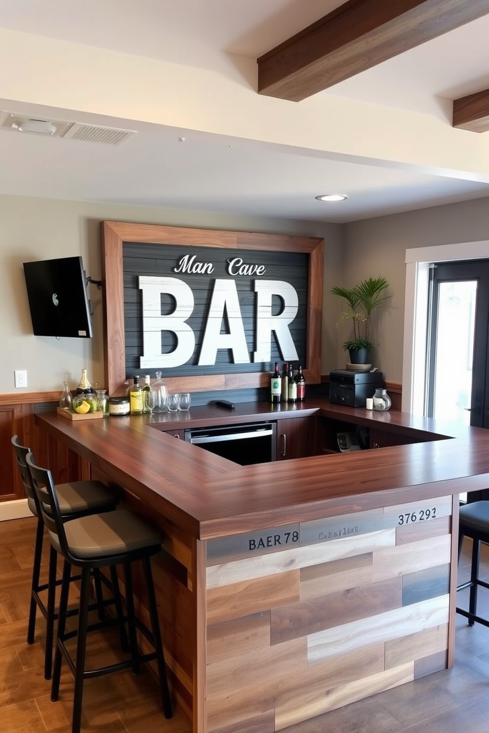 Personalized bar sign for a unique touch. The sign features custom lettering in a bold font, surrounded by a rustic wooden frame that adds character to the space. Man Cave Bar Design Ideas. The bar area includes a sleek countertop made of reclaimed wood, with high-top stools that provide comfortable seating for friends and family.