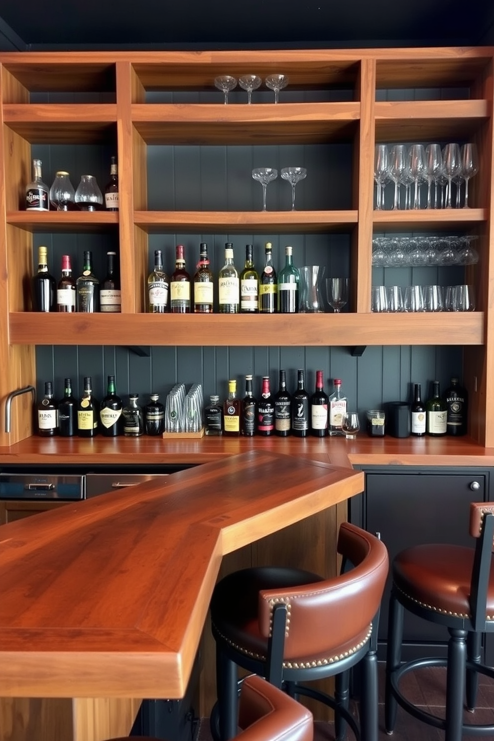 Open shelving for easy access to glasses creates a functional and stylish bar area. The shelves are made of reclaimed wood, showcasing a selection of whiskey bottles and glassware against a backdrop of dark painted walls. A large wooden bar counter complements the open shelving, providing ample space for mixing drinks. Comfortable bar stools with leather upholstery invite friends to gather and enjoy the man cave atmosphere.