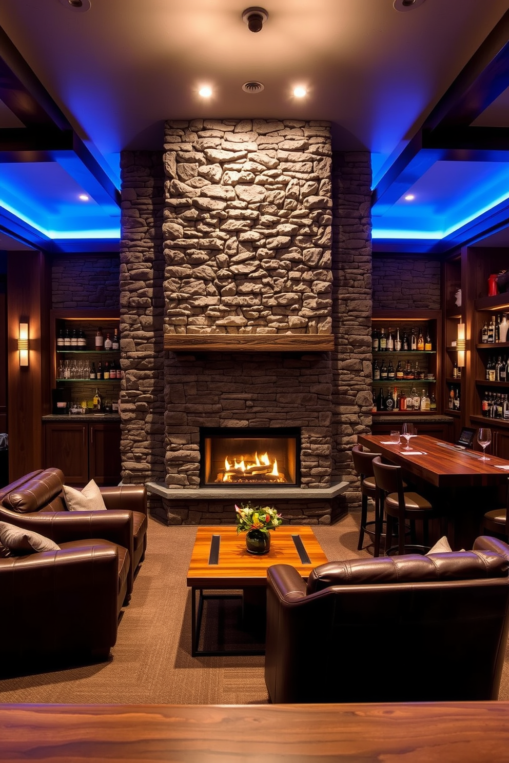 A stunning fireplace feature serves as the focal point of the man cave, surrounded by a rustic stone wall that adds warmth and character. Plush seating in rich leather invites relaxation, while ambient lighting enhances the cozy atmosphere. The bar area is designed with a sleek wooden counter and stylish bar stools, creating an inviting space for entertaining. Shelves lined with an impressive selection of spirits and glassware add a touch of sophistication to this ultimate man cave retreat.