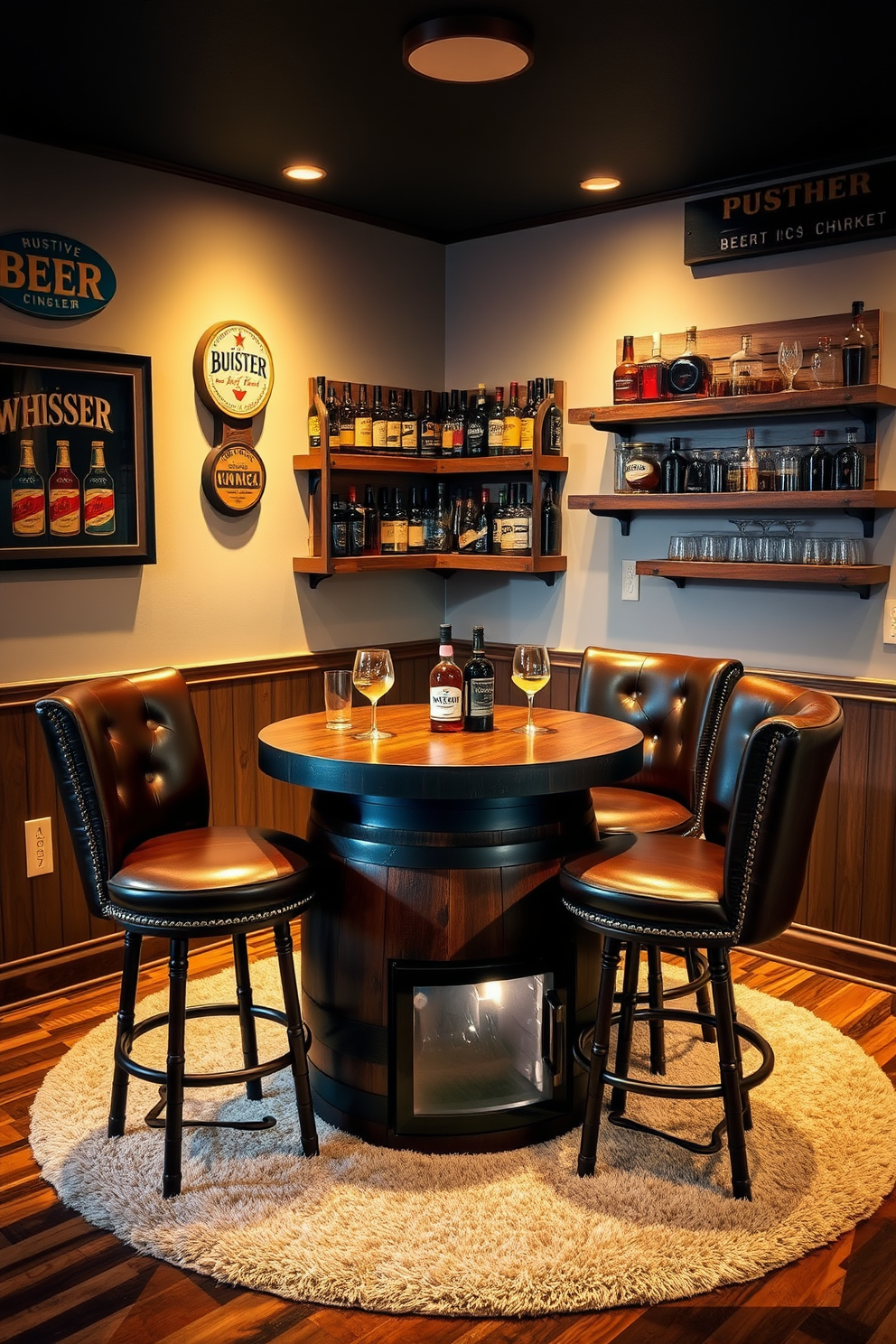 A whiskey barrel table sits at the center of the room, surrounded by high-backed leather stools that enhance the rustic charm. The walls are adorned with vintage beer signs and reclaimed wood shelves displaying an array of whiskey bottles and glassware. Soft ambient lighting casts a warm glow, creating an inviting atmosphere perfect for entertaining. A plush area rug adds comfort underfoot, while a small fridge tucked beneath the bar ensures easy access to cold drinks.