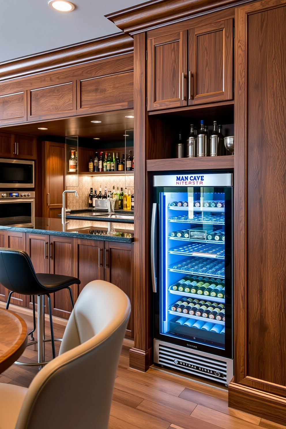 A stylish man cave bar featuring a sleek beverage cooler seamlessly integrated into the cabinetry. The bar area is adorned with rich wooden finishes and modern bar stools, creating a cozy yet sophisticated atmosphere.