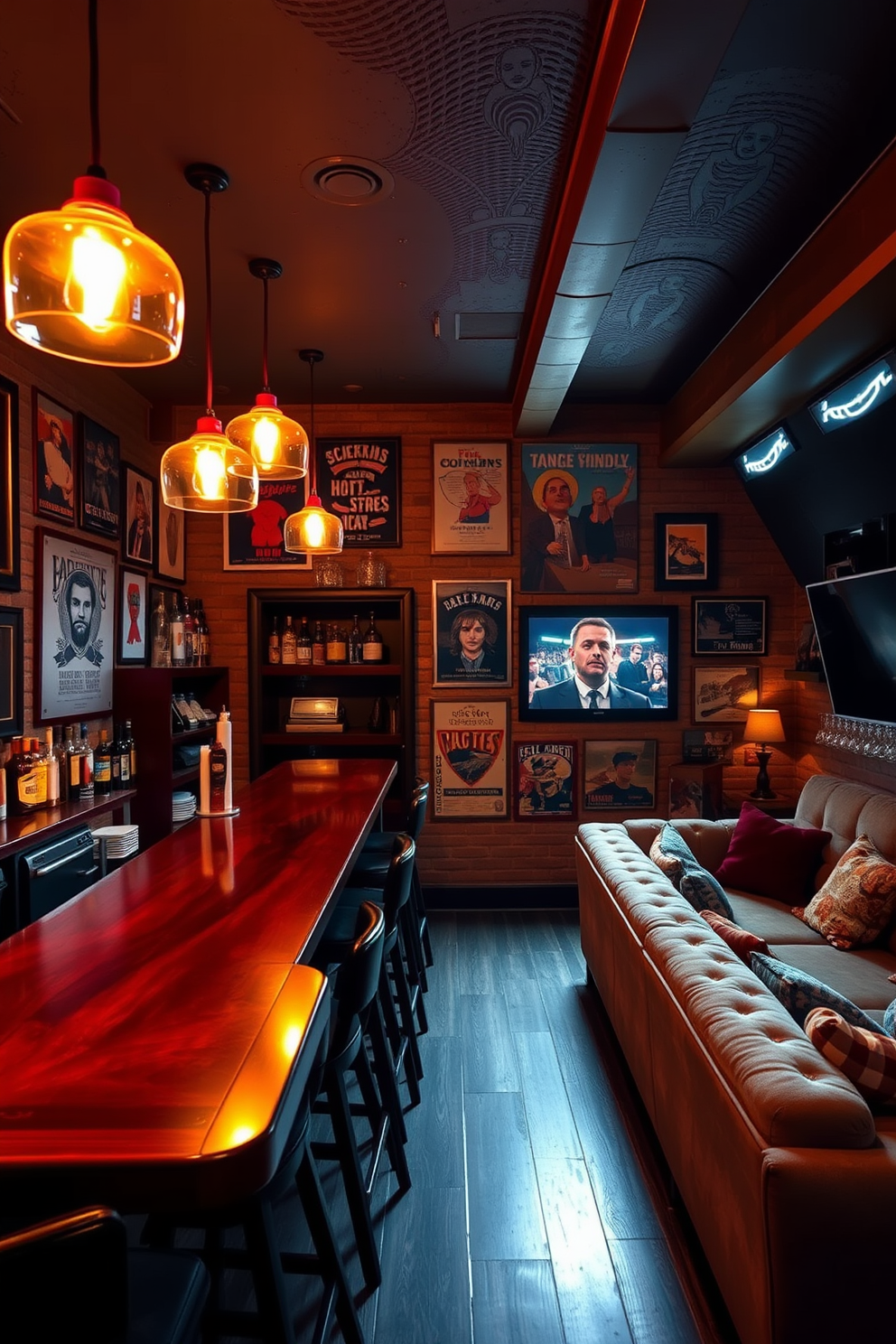 A cozy man cave bar with warm mood lighting that creates a relaxing atmosphere. The bar features a sleek wooden counter with high stools and is complemented by soft pendant lights hanging overhead. The walls are adorned with vintage posters and shelves stocked with an array of spirits and glassware. A plush sectional sofa invites comfort, while a large flat-screen TV is mounted for entertainment.