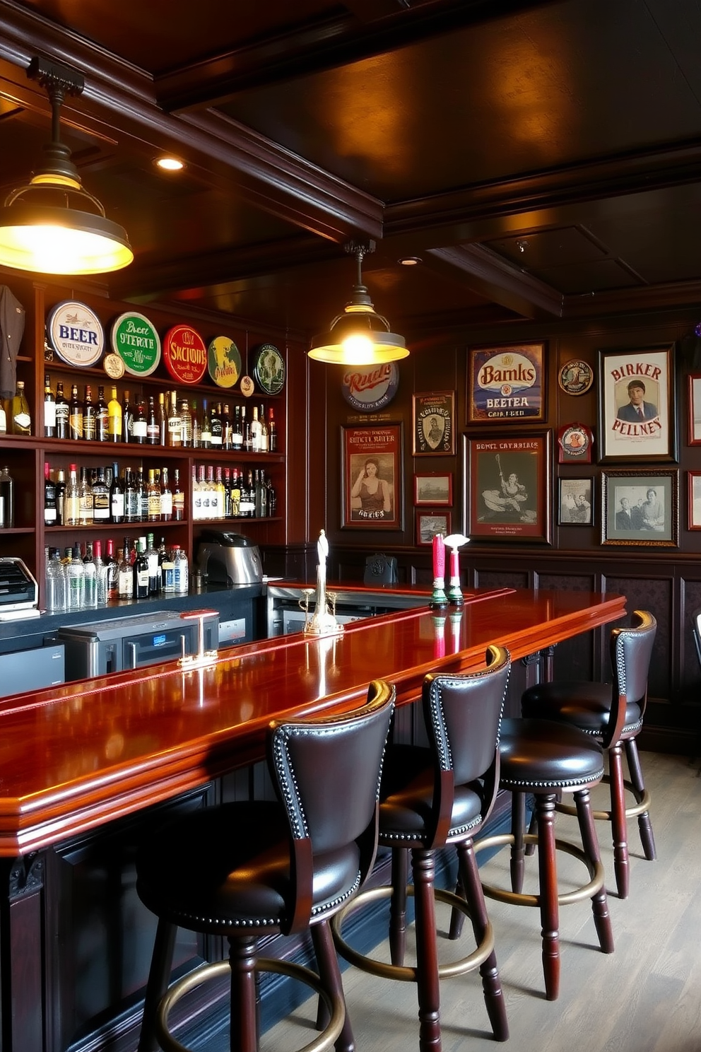 Classic pub style with dark wood accents. The bar features a rich mahogany countertop with brass footrails and high-backed leather stools. Behind the bar, shelves are lined with an extensive selection of spirits, illuminated by warm pendant lights. The walls are adorned with vintage beer signs and framed photographs, creating a cozy and inviting atmosphere.