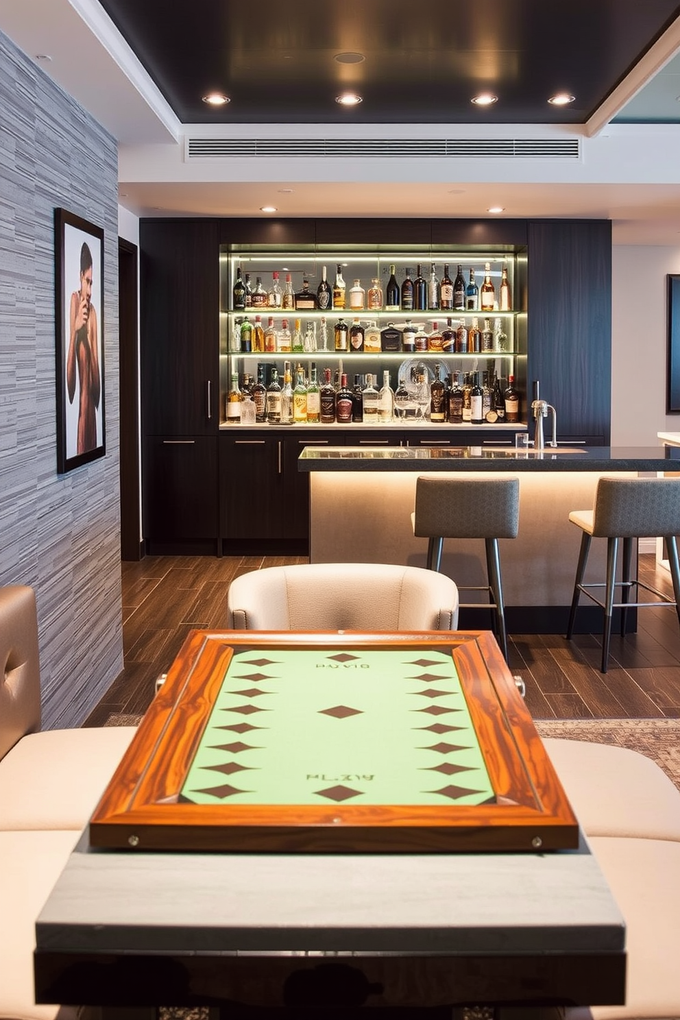 A stylish game table is positioned adjacent to a sleek bar area, creating an inviting space for relaxation and entertainment. The game table features a rich wood finish with comfortable seating, while the bar showcases an array of premium spirits and modern bar stools.