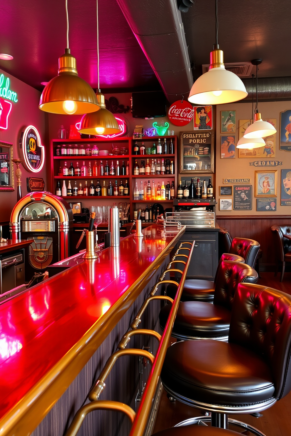 A vintage-inspired bar with retro decor features a polished wooden bar top with brass footrails. Behind the bar, shelves are lined with an array of colorful glassware and vintage liquor bottles, complemented by neon signs and retro posters on the walls. The seating area includes plush leather stools with chrome accents arranged around the bar. A classic jukebox stands in one corner, adding a nostalgic touch, while warm pendant lights create an inviting atmosphere for entertaining guests.