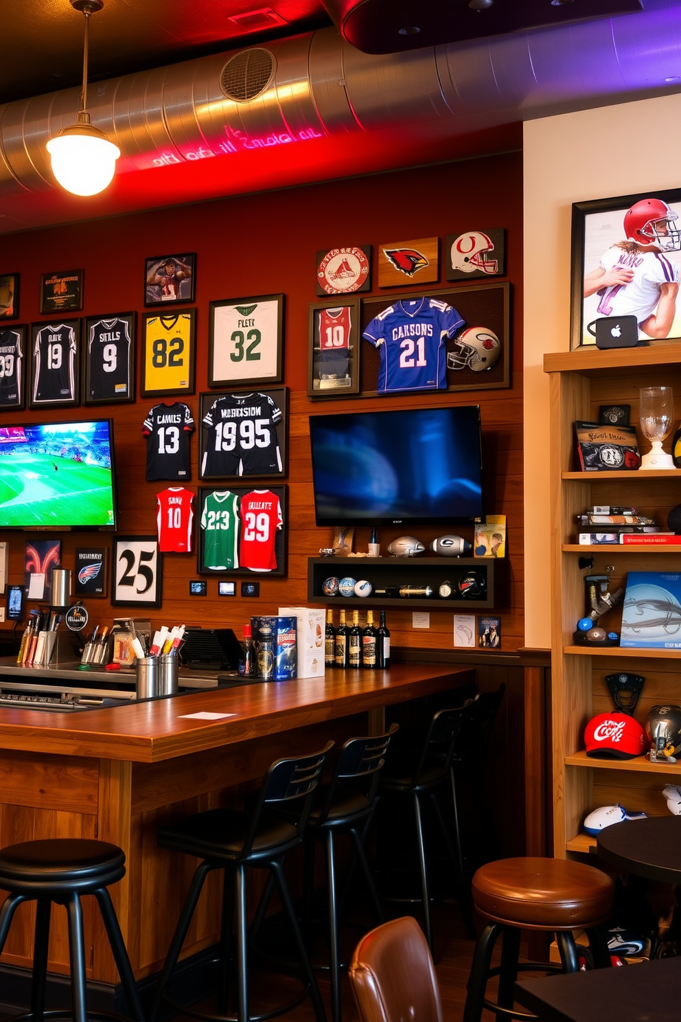 A sports-themed bar featuring memorabilia displays on the walls. The bar counter is made of reclaimed wood with high stools, and there are flat-screen TVs mounted for game day viewing. The walls are adorned with framed jerseys and signed photographs of famous athletes. A neon sign lights up the space, and a custom-built shelf holds an impressive collection of sports memorabilia.