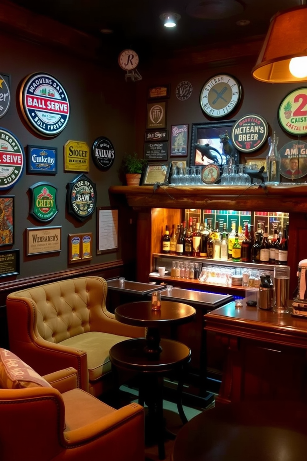 A cozy corner bar with comfortable seating features plush armchairs and a small round table. The walls are adorned with vintage beer signs, and warm ambient lighting creates an inviting atmosphere. The bar itself is crafted from dark wood, showcasing a collection of premium spirits on display. A rustic wooden shelf above the bar holds glassware and decorative elements, enhancing the man cave vibe.