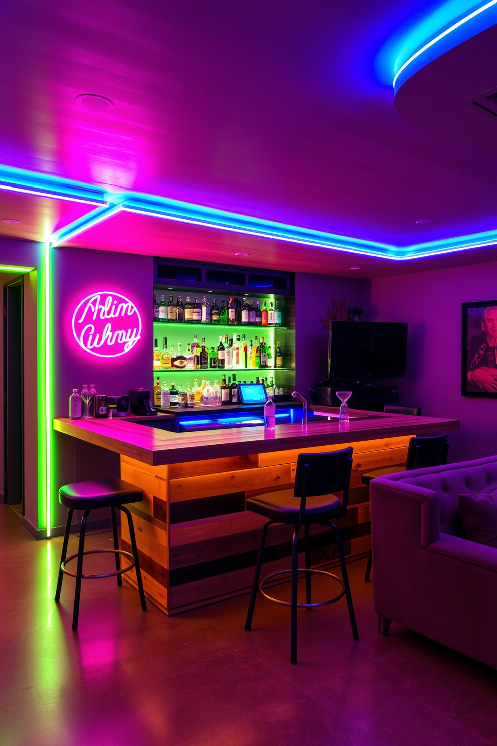 A dynamic man cave bar featuring neon lights that create a vibrant atmosphere. The walls are adorned with colorful LED strips, illuminating a sleek bar counter made of reclaimed wood with high stools for seating. Behind the bar, an array of spirits is displayed on illuminated shelves, complemented by a neon sign that adds character. The floor is finished with polished concrete, and a cozy lounge area with plush seating invites relaxation and entertainment.