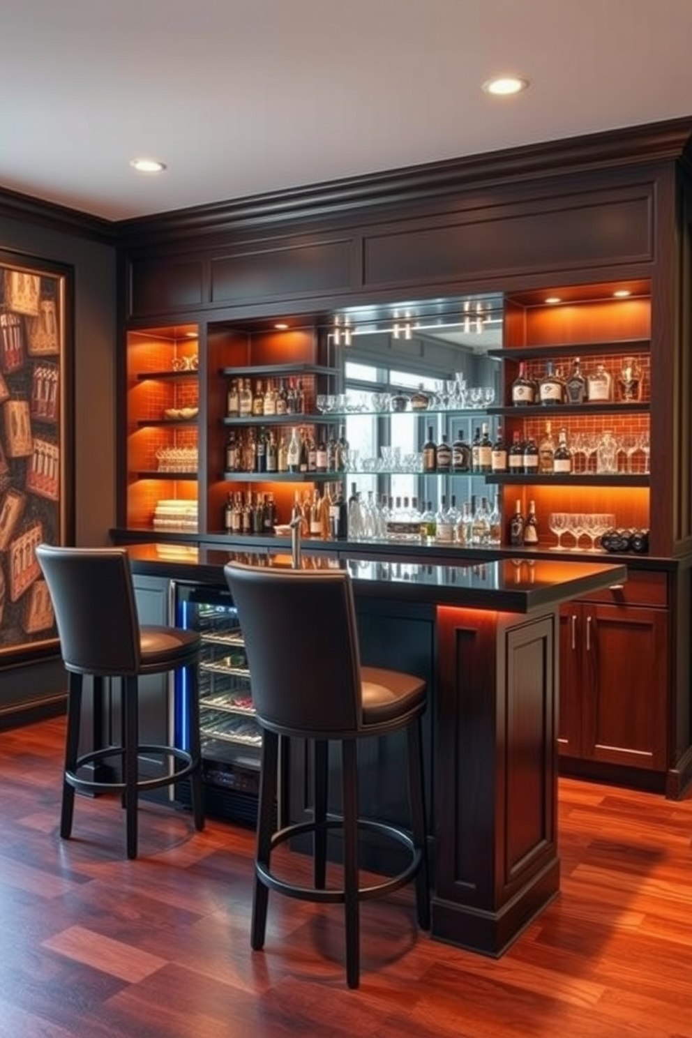 A stylish built-in bar featuring a sleek wine fridge is the centerpiece of a modern man cave. The bar is crafted from dark wood with polished surfaces, complemented by high-backed leather stools and ambient lighting that creates a warm and inviting atmosphere. On the wall behind the bar, shelves are lined with an impressive selection of spirits and glassware, enhancing the sophisticated feel. The flooring is a rich hardwood, and a large, framed mirror reflects the vibrant colors of the room, making the space feel open and welcoming.