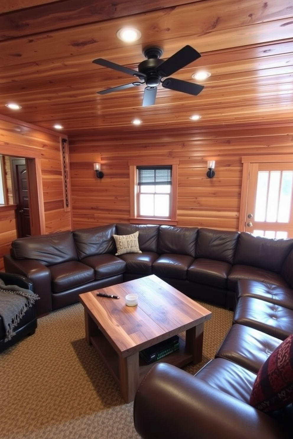 A rustic man cave featuring warm wood paneling that creates an inviting atmosphere. The space is furnished with a large leather sectional sofa and a reclaimed wood coffee table, perfect for relaxation and entertainment.