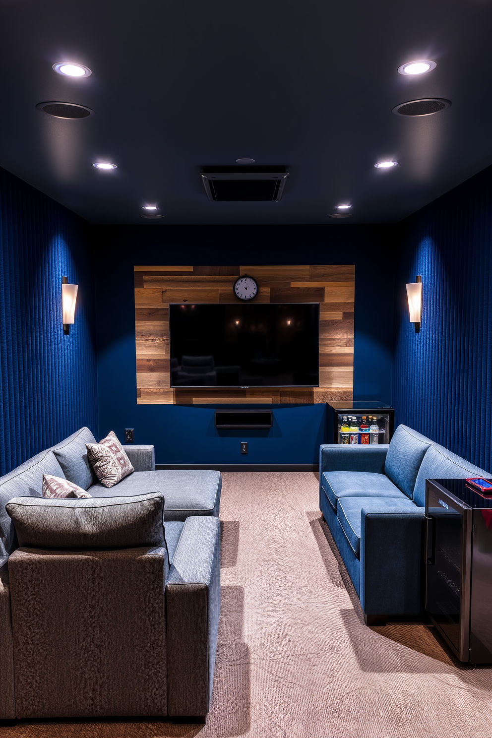 A soundproofed man cave designed for relaxation and entertainment. The walls are lined with acoustic panels in deep blue, creating a serene atmosphere for movie nights and gaming sessions. A plush sectional sofa faces a large flat-screen TV mounted on a feature wall with reclaimed wood accents. Soft ambient lighting and a mini fridge stocked with beverages enhance the comfort and convenience of this personal retreat.