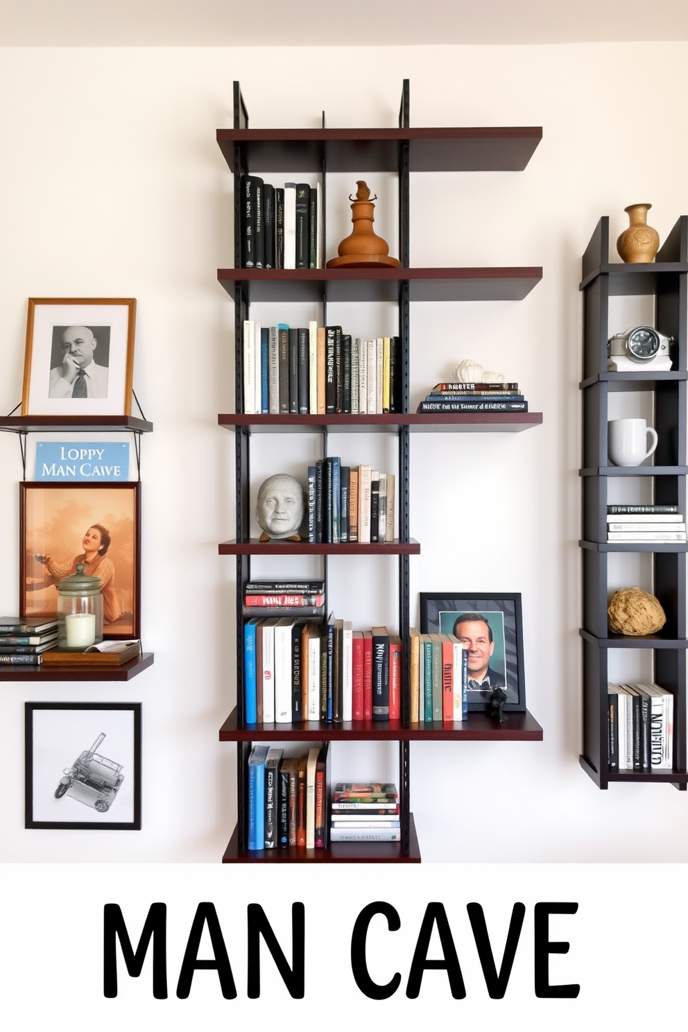 A stylish man cave featuring wall-mounted shelves adorned with books and decorative items. The shelves are made of dark wood, contrasting with the light-colored walls, creating a cozy and inviting atmosphere.