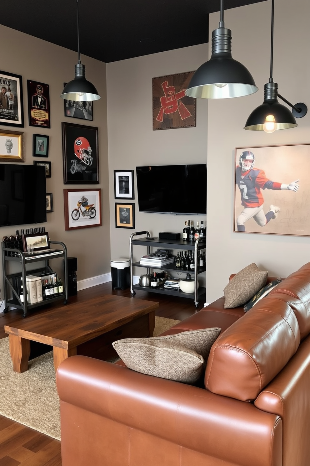 A stylish man cave featuring a cozy seating area with a leather sectional sofa and a rustic wooden coffee table. The walls are adorned with personalized artwork that reflects the owner's interests, including framed sports memorabilia and abstract paintings. In one corner, a sleek bar cart is stocked with premium spirits, while a mounted flat-screen TV is positioned for optimal viewing. Ambient lighting is provided by industrial-style pendant lights, creating a warm and inviting atmosphere for relaxation and entertainment.