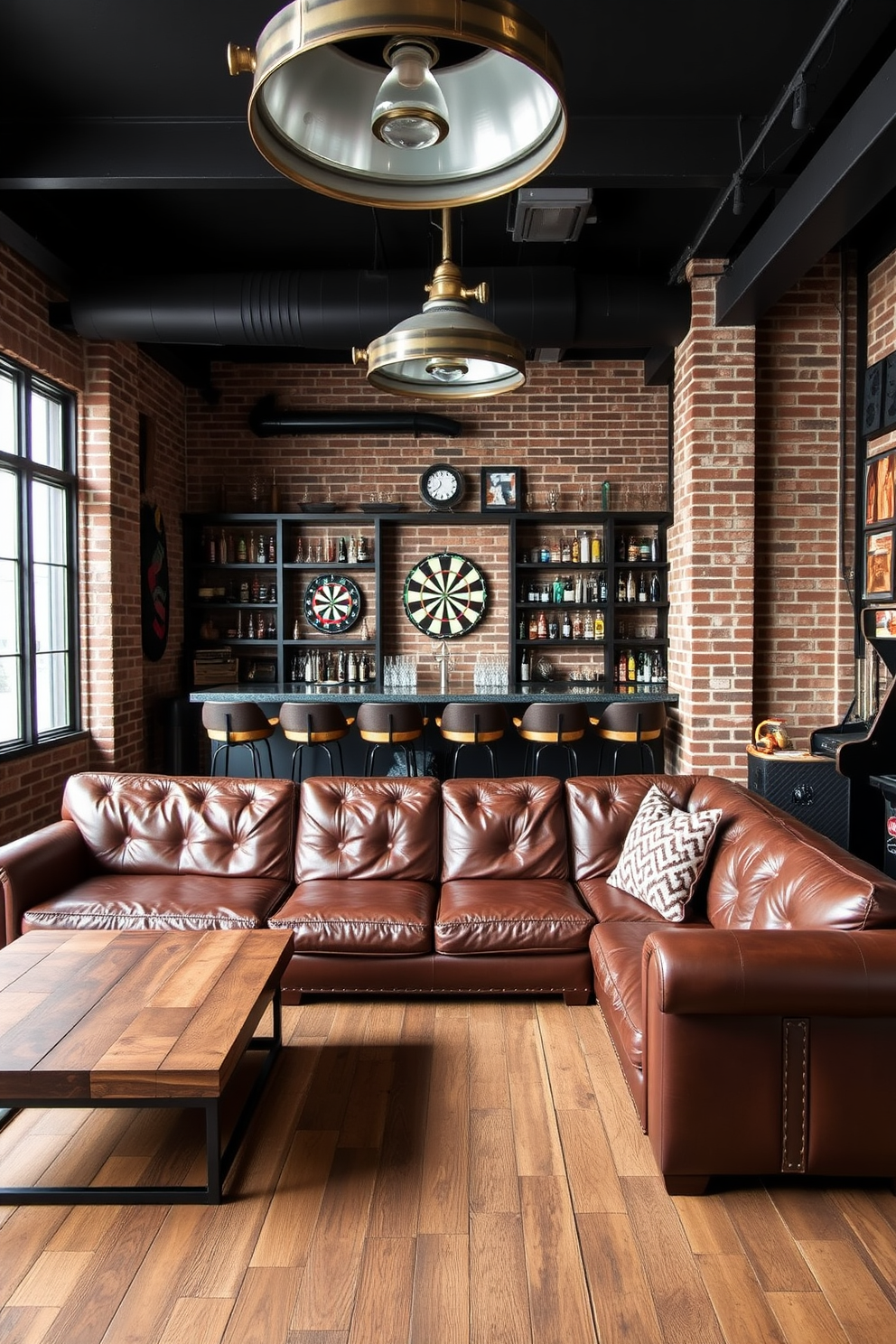 Create an industrial style man cave featuring a large leather sectional sofa with metal accents and a reclaimed wood coffee table. The walls are exposed brick with a dark color palette, complemented by vintage metal light fixtures hanging from the ceiling. Incorporate a sleek bar area with high stools made of metal and wood, showcasing a variety of spirits on open shelving. Add a dartboard and a vintage arcade game to enhance the entertainment vibe of the space.