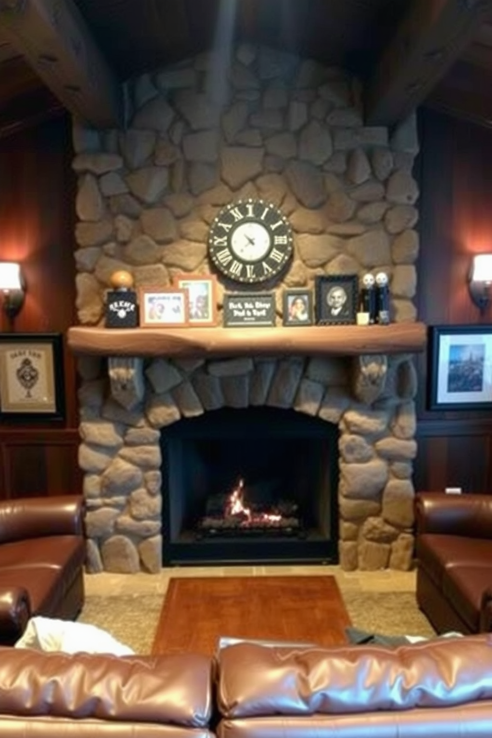 A cozy fireplace is the centerpiece of a warm and inviting man cave. The fireplace features a rustic stone surround and a wooden mantel adorned with personal memorabilia. Surrounding the fireplace, plush leather seating creates a comfortable gathering area. Ambient lighting from stylish sconces enhances the relaxed atmosphere, making it perfect for entertaining friends.