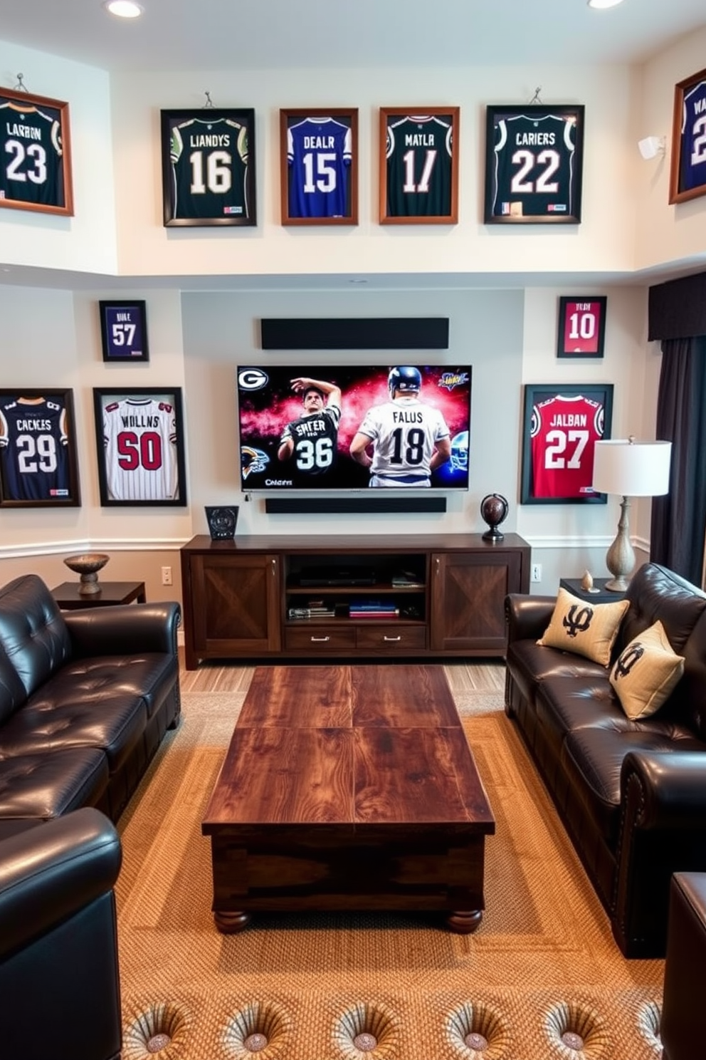 A stylish man cave featuring framed jerseys of favorite sports teams displayed on the walls. The room includes a plush sectional sofa in dark leather, a rustic wooden coffee table, and a large flat-screen TV mounted above a sleek entertainment center.