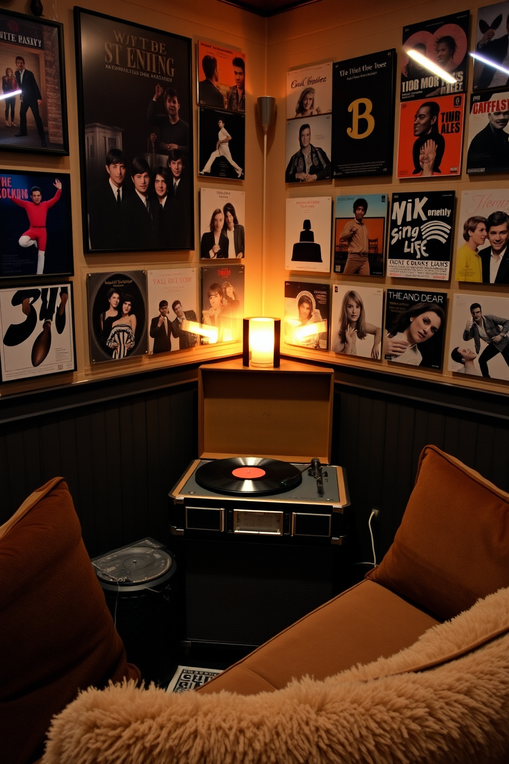 A vintage record player sits prominently in the corner of a cozy man cave, surrounded by plush seating and warm lighting. The walls are adorned with framed album covers, creating a nostalgic atmosphere that invites relaxation and conversation.