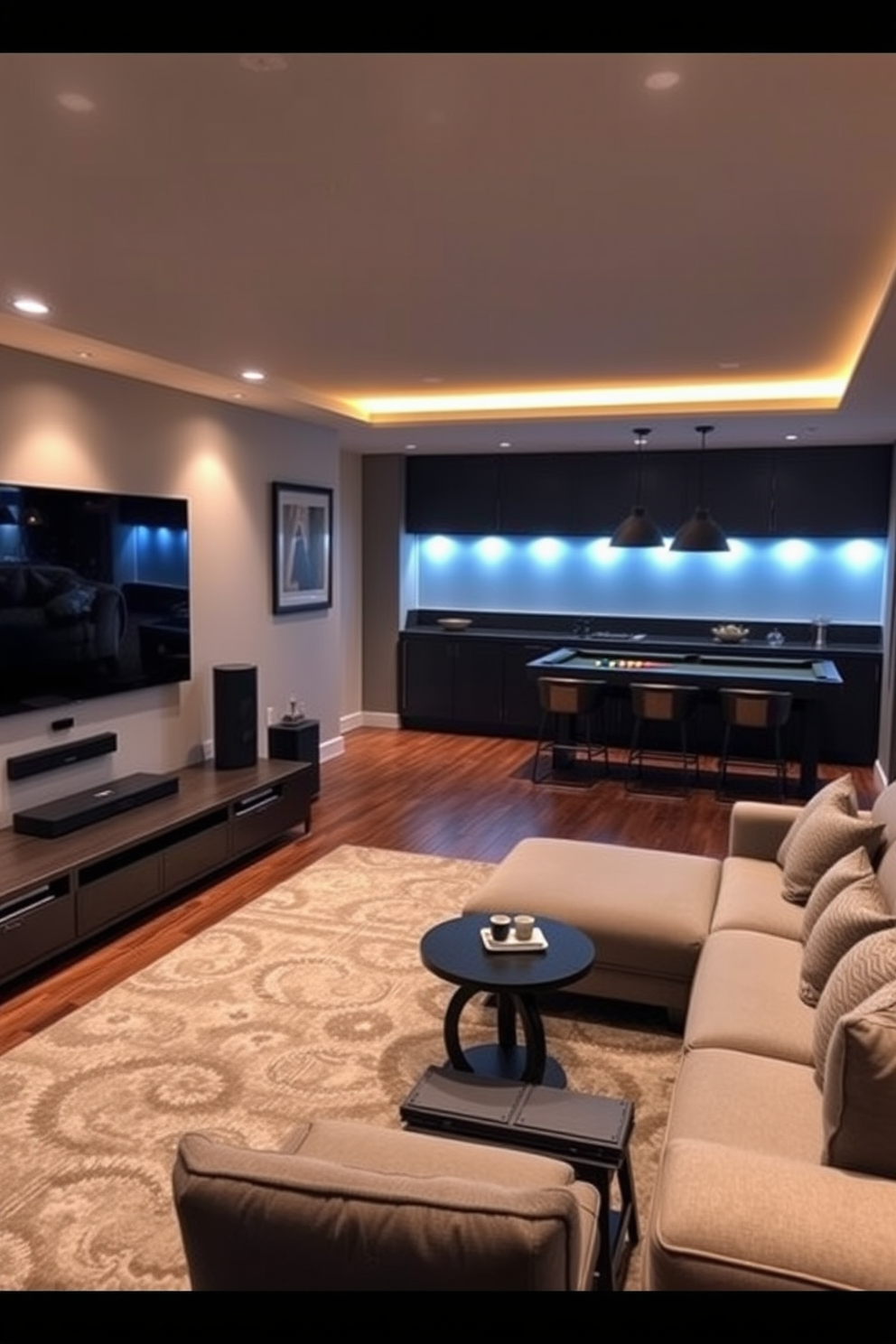 A modern living room equipped with smart home technology. The space features a sleek entertainment system integrated with voice control, allowing for seamless operation of lighting and temperature. A cozy man cave designed for relaxation and entertainment. The room includes a large sectional sofa, a pool table, and a mini bar with stylish bar stools, all accented by ambient lighting for a warm atmosphere.