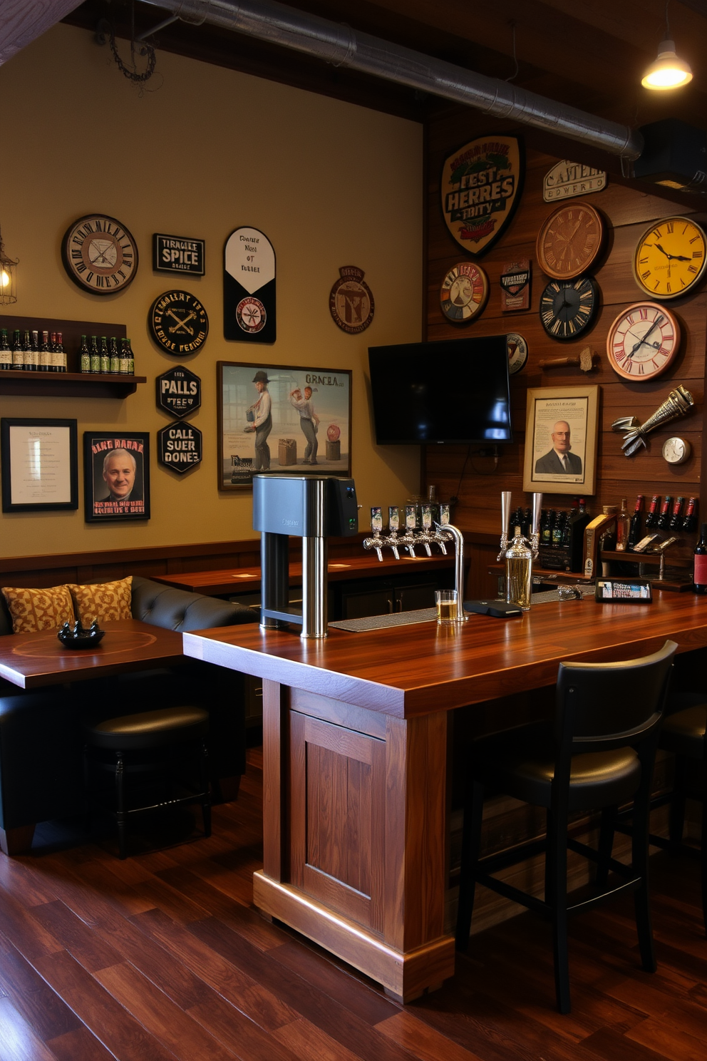 A cozy man cave designed for home brewing features a sleek draft beer system prominently installed on a rustic wooden bar. The walls are adorned with vintage beer memorabilia, and comfortable seating surrounds the bar area for friends to gather and enjoy freshly brewed drafts. The floor is finished with dark hardwood, complementing the rich tones of the bar and enhancing the inviting atmosphere. Soft ambient lighting creates a warm glow, making it the perfect space for relaxation and entertainment.