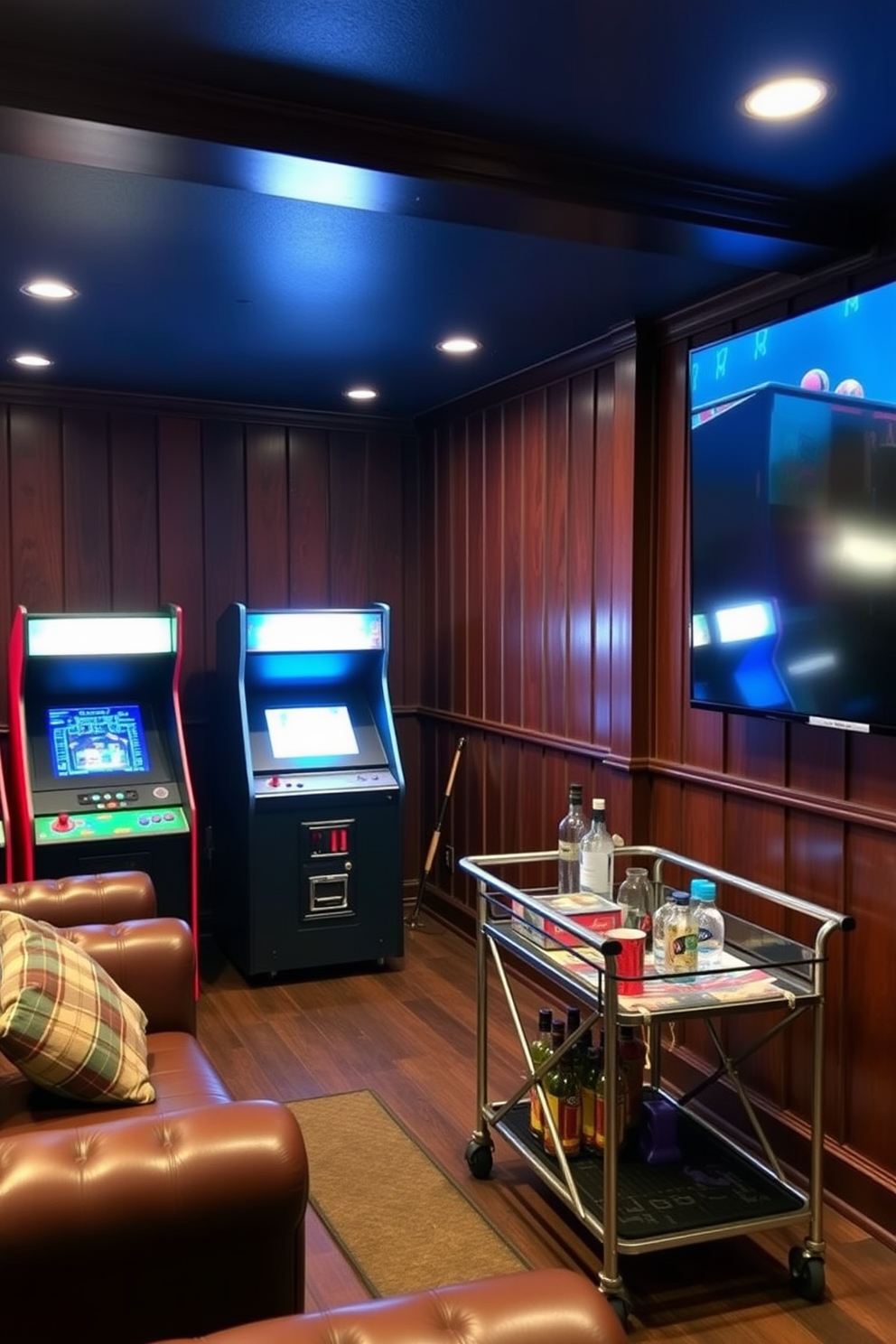 A cozy man cave featuring vintage arcade games lined against one wall. The space is adorned with dark wood paneling and plush leather seating, creating an inviting atmosphere for entertainment. Soft ambient lighting highlights the arcade machines, while a retro bar cart sits in the corner stocked with drinks. A large screen television is mounted above the bar, perfect for watching games or movies with friends.