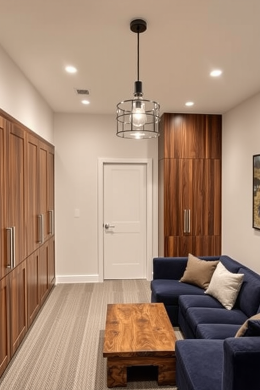 Custom built cabinets line the walls of the man cave, providing ample storage while showcasing a sleek modern design. The cabinets are finished in a rich walnut wood, complemented by brushed nickel hardware for a sophisticated touch. The man cave features a cozy seating area with a plush sectional sofa in deep navy blue, paired with a rustic coffee table made from reclaimed wood. Ambient lighting is provided by stylish pendant lights hanging from the ceiling, creating a warm and inviting atmosphere.