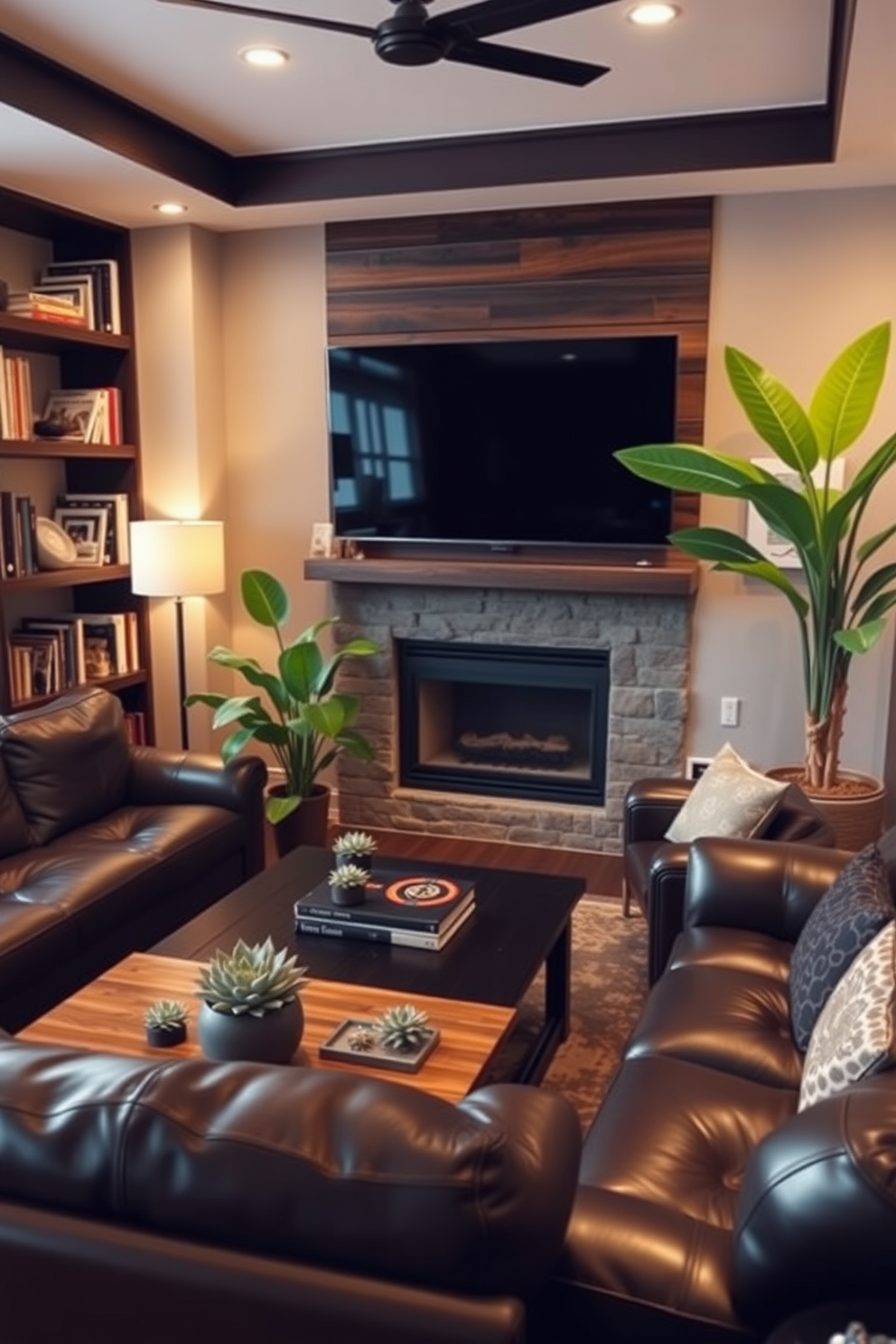 A cozy man cave featuring deep leather sofas and a large flat-screen TV mounted on the wall. The space is accented with wooden shelves filled with books and collectibles, complemented by soft ambient lighting. Indoor plants are strategically placed throughout the room to bring a touch of nature indoors. A tall fiddle leaf fig stands in one corner, while smaller succulents adorn the coffee table and shelves.