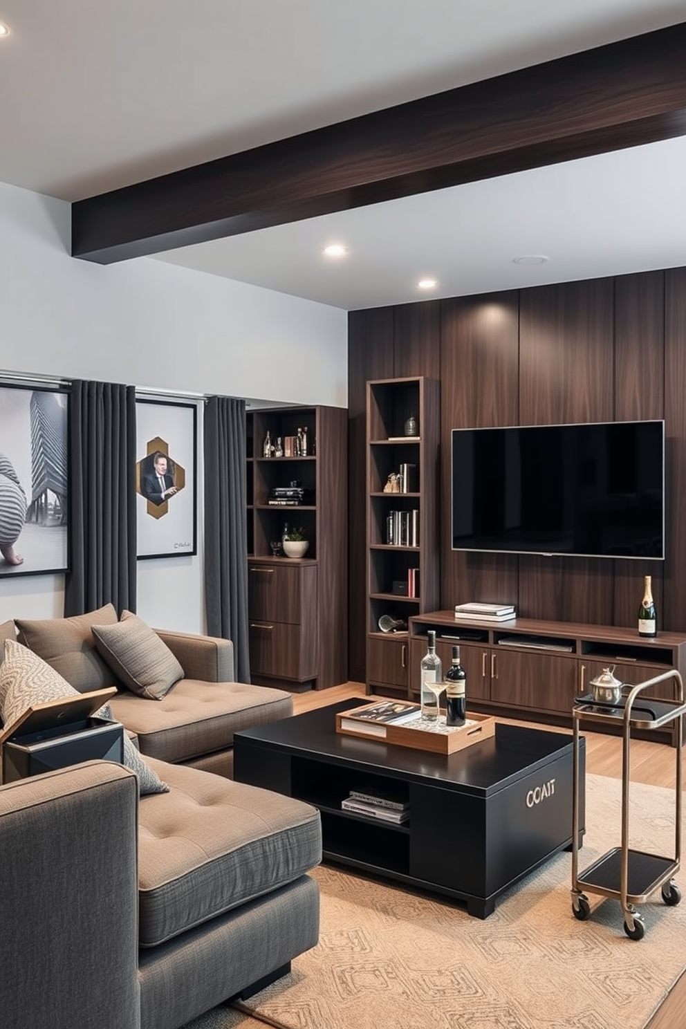 A stylish man cave featuring multi-functional furniture that maximizes space efficiency. The room includes a sleek sofa bed that converts into a guest bed, paired with a coffee table that doubles as storage. The walls are adorned with dark wood paneling, creating a cozy atmosphere. A wall-mounted entertainment unit houses a large screen and shelves for games and books, while a compact bar cart adds a touch of sophistication.