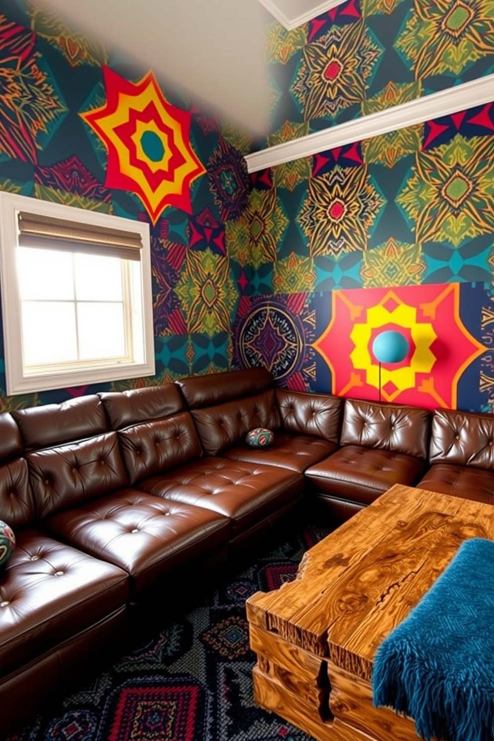 A stylish man cave featuring an accent wall adorned with bold wallpaper showcasing geometric patterns in vibrant colors. The room is furnished with a plush leather sectional sofa and a rustic wooden coffee table, creating a cozy yet modern atmosphere.