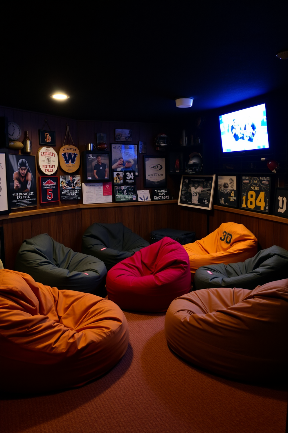 A cozy man cave featuring comfortable bean bags arranged in a relaxed seating area. The walls are adorned with sports memorabilia and the lighting is dimmed for a warm atmosphere.