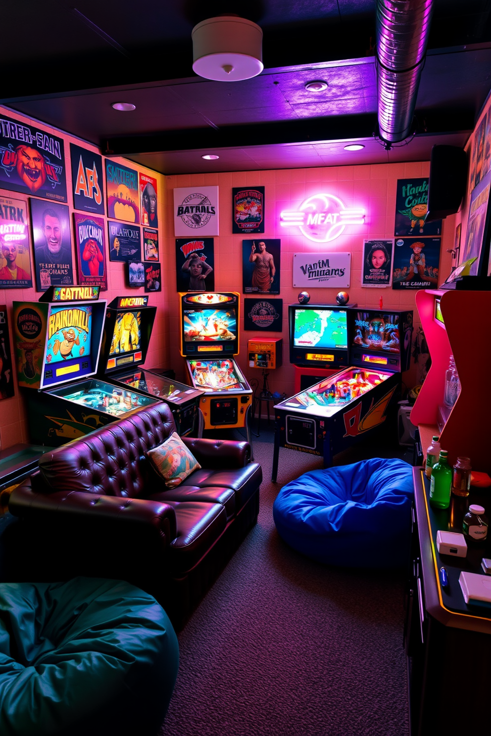 A vibrant man cave designed for retro gaming features multiple pinball machines arranged in a cozy corner. The walls are adorned with vintage posters and neon lights, creating an inviting atmosphere for friends to gather and enjoy classic games. Comfortable seating options, such as a leather sectional and bean bags, provide ample space for relaxation. A small bar area stocked with drinks and snacks complements the gaming setup, enhancing the overall experience.