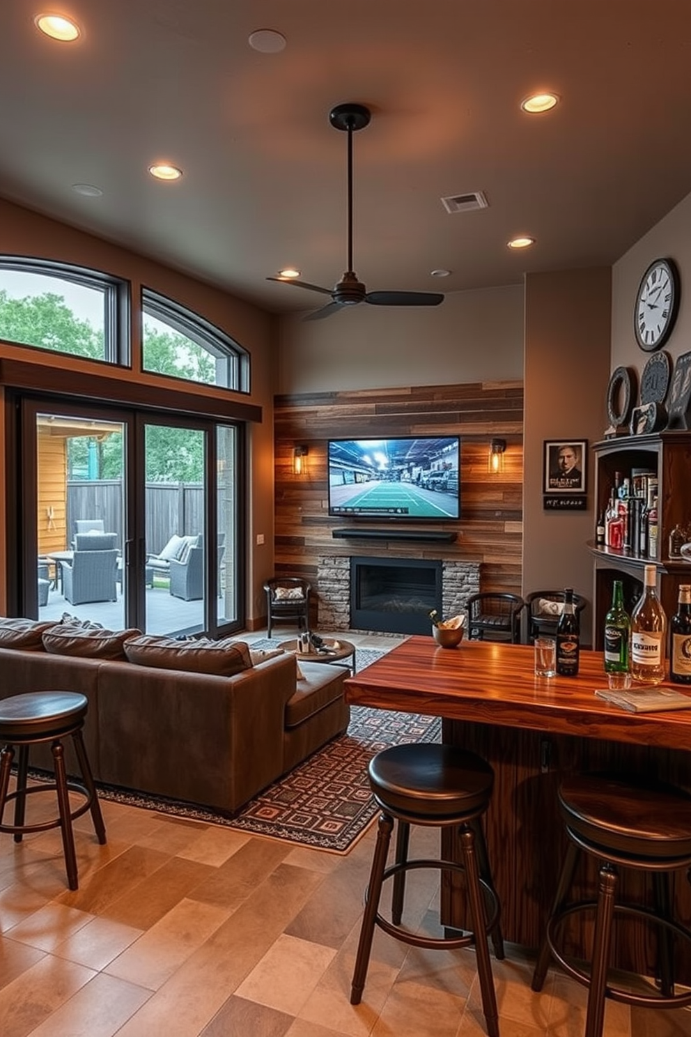 A cozy man cave designed for relaxation and entertainment. The space features a plush sectional sofa facing a large flat-screen TV mounted on a reclaimed wood wall, with ambient lighting creating a warm atmosphere. Large sliding glass doors open to a private outdoor patio, allowing fresh air to flow into the room. A rustic bar area with high stools complements the design, stocked with favorite beverages and surrounded by sports memorabilia.