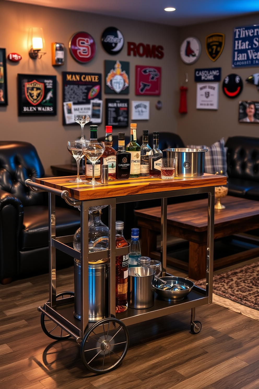 A unique bar cart designed for cocktail serving features a sleek metal frame with a wooden top. The cart is adorned with elegant glassware and a variety of colorful spirits, complemented by a stylish ice bucket. The man cave design incorporates dark leather seating and a rustic wooden coffee table. Ambient lighting creates a cozy atmosphere, while sports memorabilia decorates the walls, enhancing the personal touch.