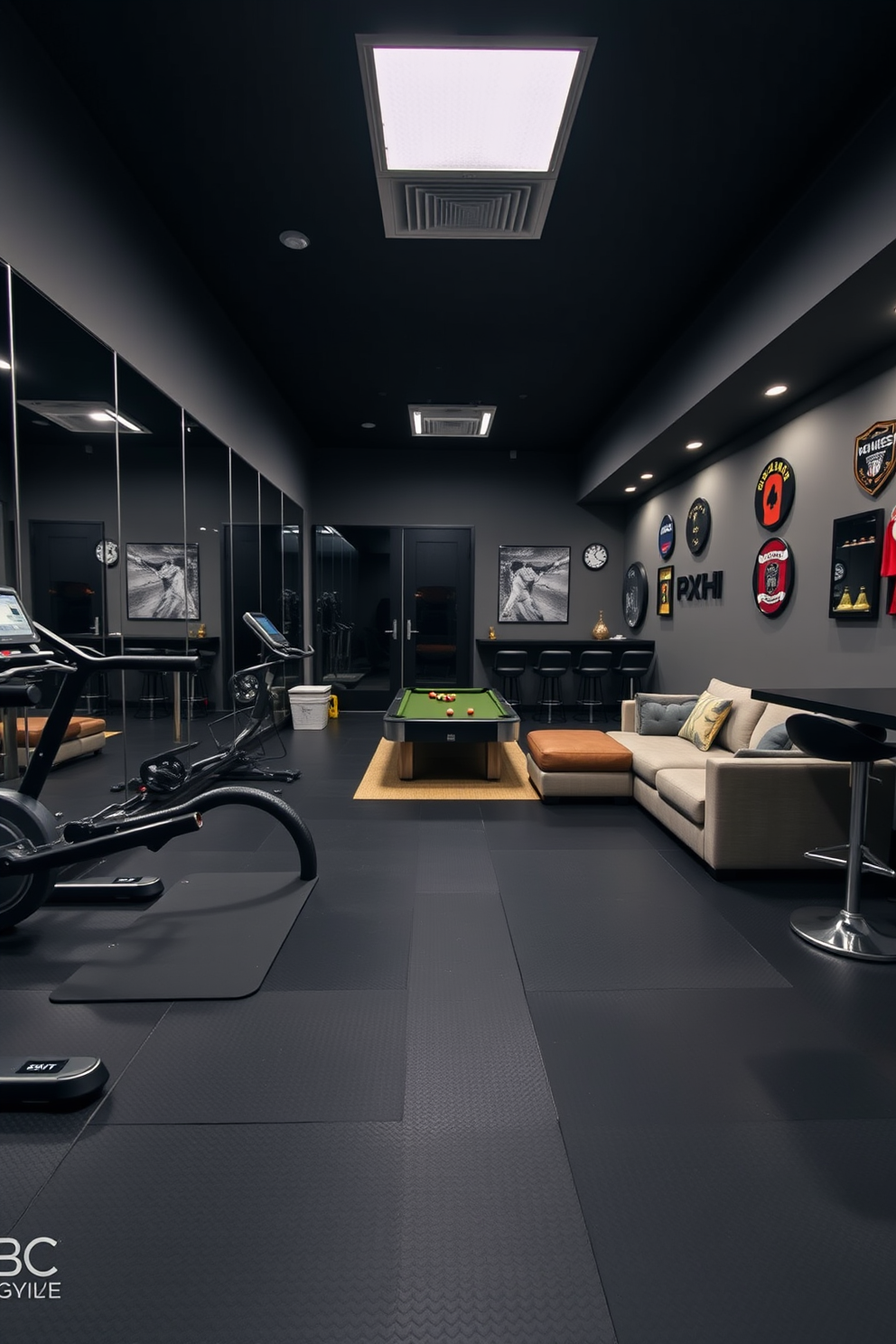 A personal gym area for fitness enthusiasts. The space features sleek black rubber flooring, mirrored walls, and an array of high-end gym equipment including a treadmill, weights, and a yoga mat. A man cave designed for relaxation and entertainment. The room is equipped with a large sectional sofa, a pool table, and a bar area with high stools, all accented by dim lighting and sports memorabilia on the walls.