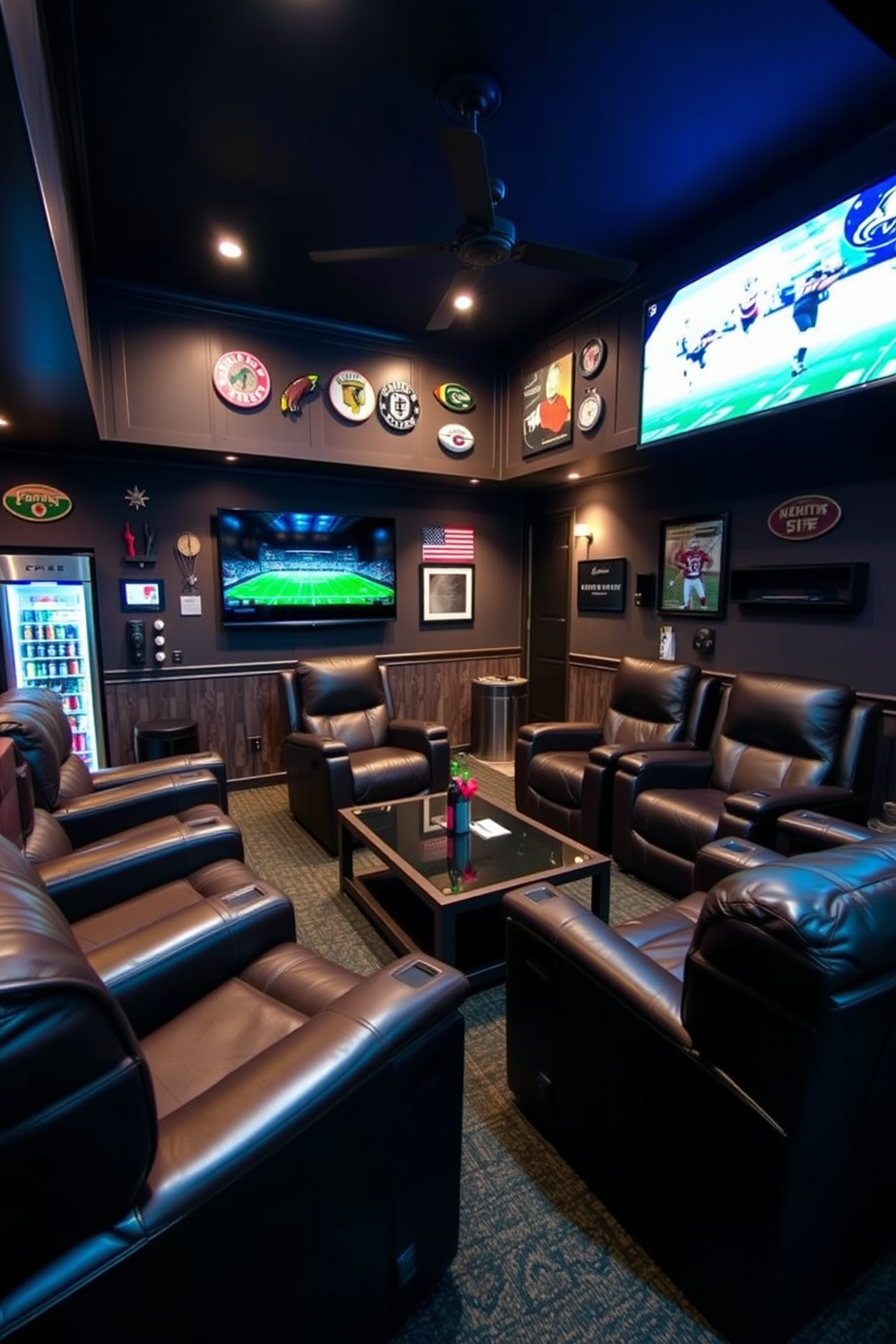 A stylish man cave featuring plush leather recliners arranged around a sleek coffee table. The walls are adorned with sports memorabilia and the lighting is dimmed for a cozy atmosphere. In one corner, a large flat-screen TV is mounted, perfect for game nights. A mini-fridge stocked with beverages is conveniently placed nearby for easy access.