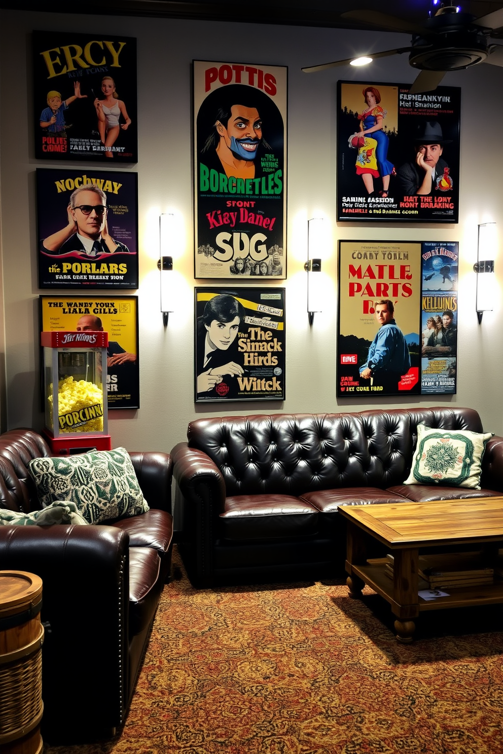 A cozy man cave featuring nostalgic movie posters adorning the walls. The space includes a plush leather sofa, a vintage popcorn machine, and a rustic wooden coffee table, creating an inviting atmosphere for movie nights.