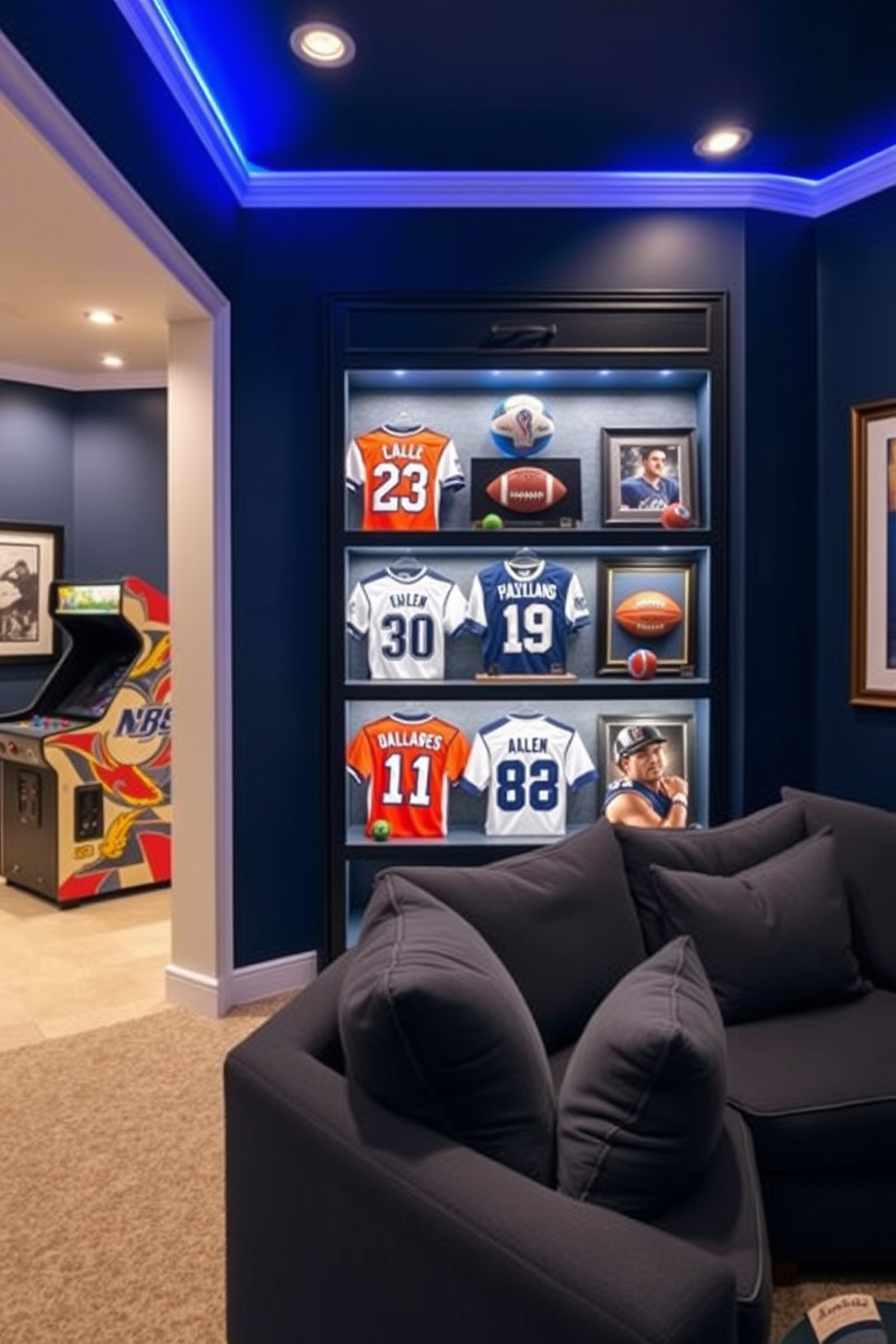 A stylish sports memorabilia display features a custom-built wall unit that elegantly showcases jerseys, signed balls, and framed photographs. The unit is backlit to highlight the collection, while a cozy seating area with a plush sectional couch invites relaxation and enjoyment of the space. The walls are painted in a deep navy blue to create a bold backdrop, complemented by accent lighting that enhances the memorabilia. A vintage arcade game stands in one corner, adding a playful touch to the overall man cave design.