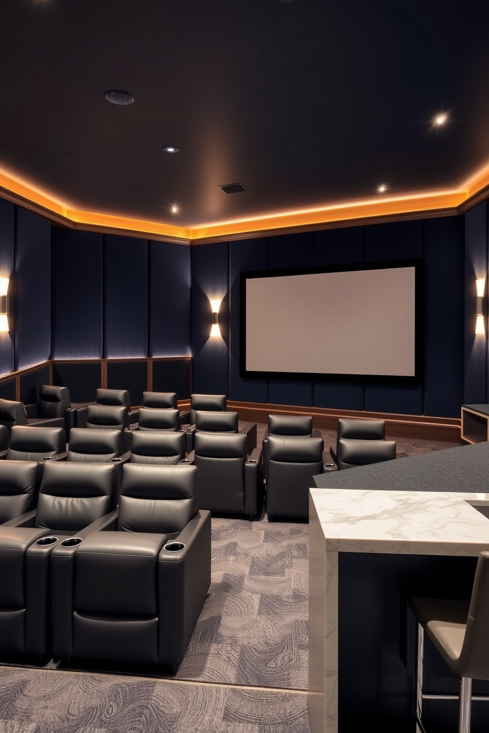 A luxurious home theater setup featuring a large screen mounted on the wall. Plush leather recliners are arranged in a tiered seating layout, with ambient lighting creating a cozy atmosphere. The walls are adorned with soundproof panels in deep navy blue, enhancing the cinematic experience. A sleek snack bar with a marble countertop and high stools is positioned to the side, perfect for movie nights.