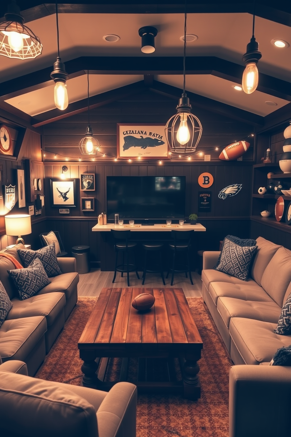 A cozy man cave featuring unique lighting fixtures that create a warm ambiance. The space includes a plush sectional sofa facing a large flat-screen TV, with stylish pendant lights hanging from the ceiling and a vintage floor lamp in the corner. The walls are adorned with sports memorabilia and dark wood paneling, giving the room a rustic feel. A reclaimed wood coffee table sits in the center, surrounded by a few bar stools at a small wet bar illuminated by decorative string lights.