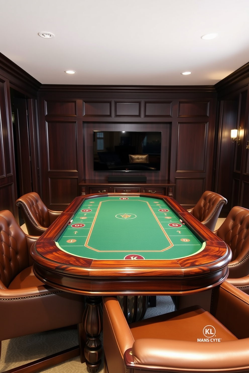 A stylish game table designed for poker nights with friends. The table features a rich mahogany finish with a green felt surface and comfortable leather chairs surrounding it. The man cave is designed with a cozy atmosphere in mind. Dark wood paneling lines the walls, complemented by soft ambient lighting and a large flat-screen TV for entertainment.