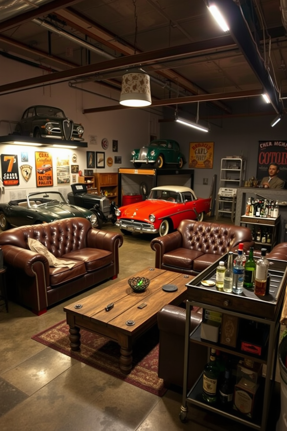 A vintage car display is the centerpiece of the garage, showcasing classic automobiles under soft ambient lighting. Surrounding the display, a cozy lounge area features leather sofas and a rustic coffee table, creating an inviting space for relaxation and conversation. The walls are adorned with vintage car memorabilia and posters, adding character to the man cave. A polished concrete floor complements the industrial aesthetic, while a bar cart stocked with drinks enhances the entertainment vibe.